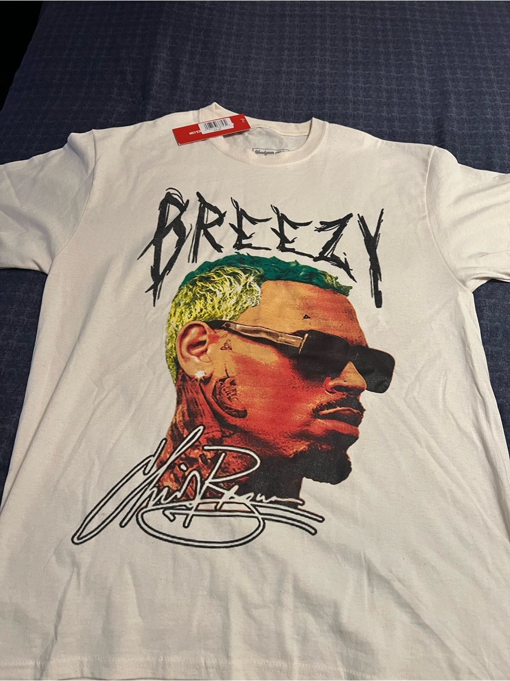 White Short-Sleeve Graphic Tee with 'Breezy' Portrait Print#chrisbrown